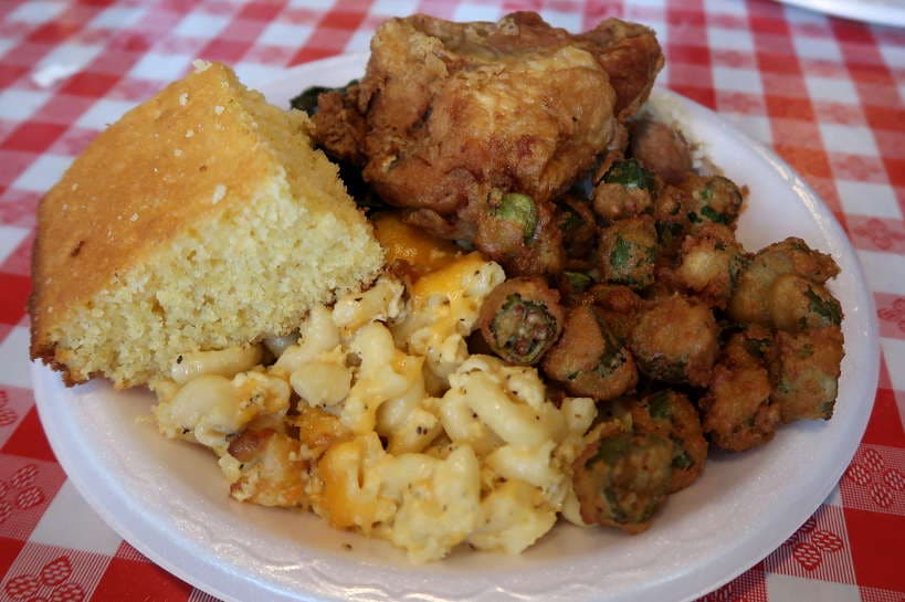 Corn Bread Fried Okra Mac & Cheese at Big Mike's myrtle beach Soul Food by Authentic Food Quest.