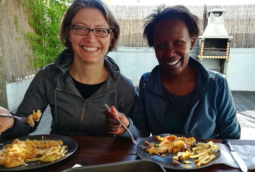 Claire and Rosemary in Porto enjoying Eating Bacalhau a Bras by AuthenticFoodQuest