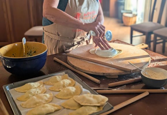 Making Kalitsounia during our Crete cooking vacation